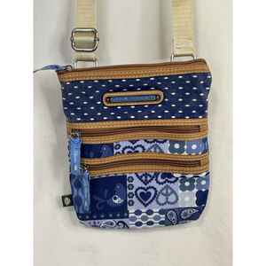 Lily Bloom Patchwork Denim Blue Print Crossbody Bag Purse Triple Zip Recycled
